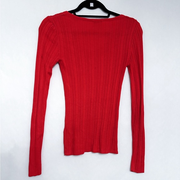 Topshop Red Ribbed Long Sleeve Knit Top Slim Fit V-Neck Shirt Womens Size 0-2 - Picture 2 of 10